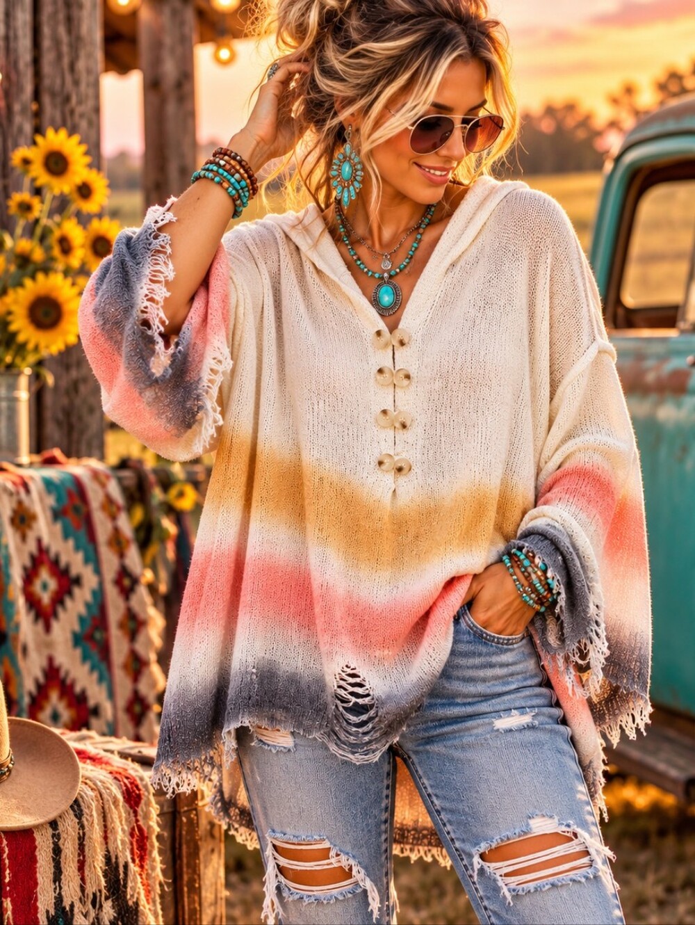 ANDTHEWHY M/L Boho Distressed Ombre Hooded Sweater Oversized Toggle Knit Top